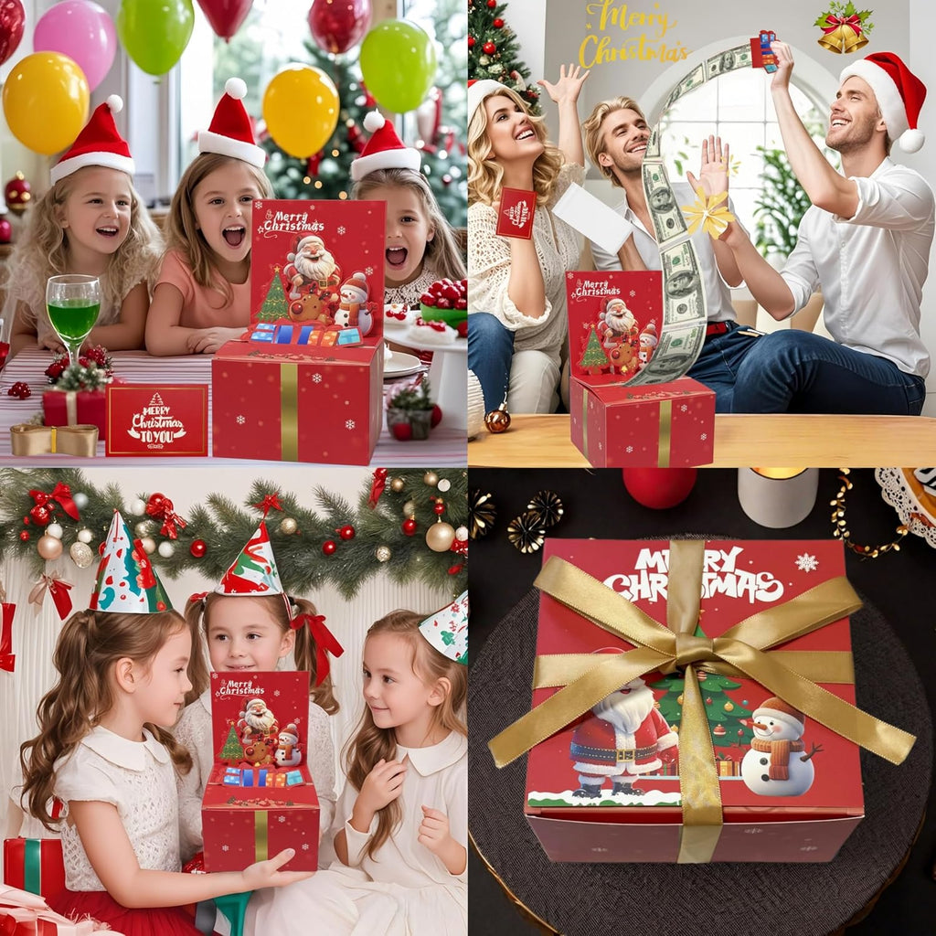 JINSTABAG Christmas Money Box for Cash Gift Pull, 3D Money Pull Box with Card and Transparent Bags, Fun Christmas Party Gifts for Boys Girls Kids Adult (Red)