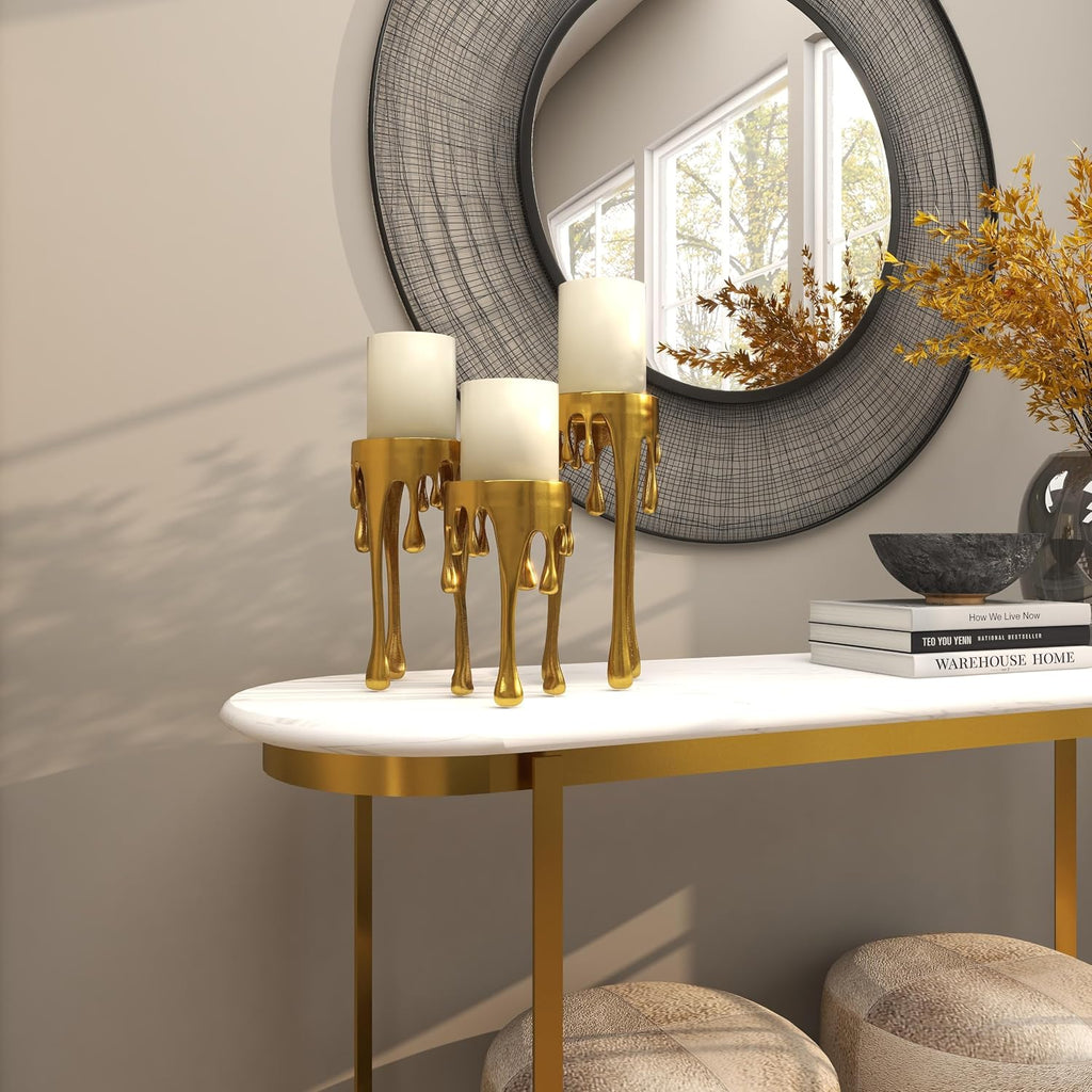 CosmoLiving by Cosmopolitan Aluminum Metal Abstract Decorative Candle Holder Melting Drip Candle Stand, Set of 3 Candlestick Holder 12", 10", 8"H, Gold