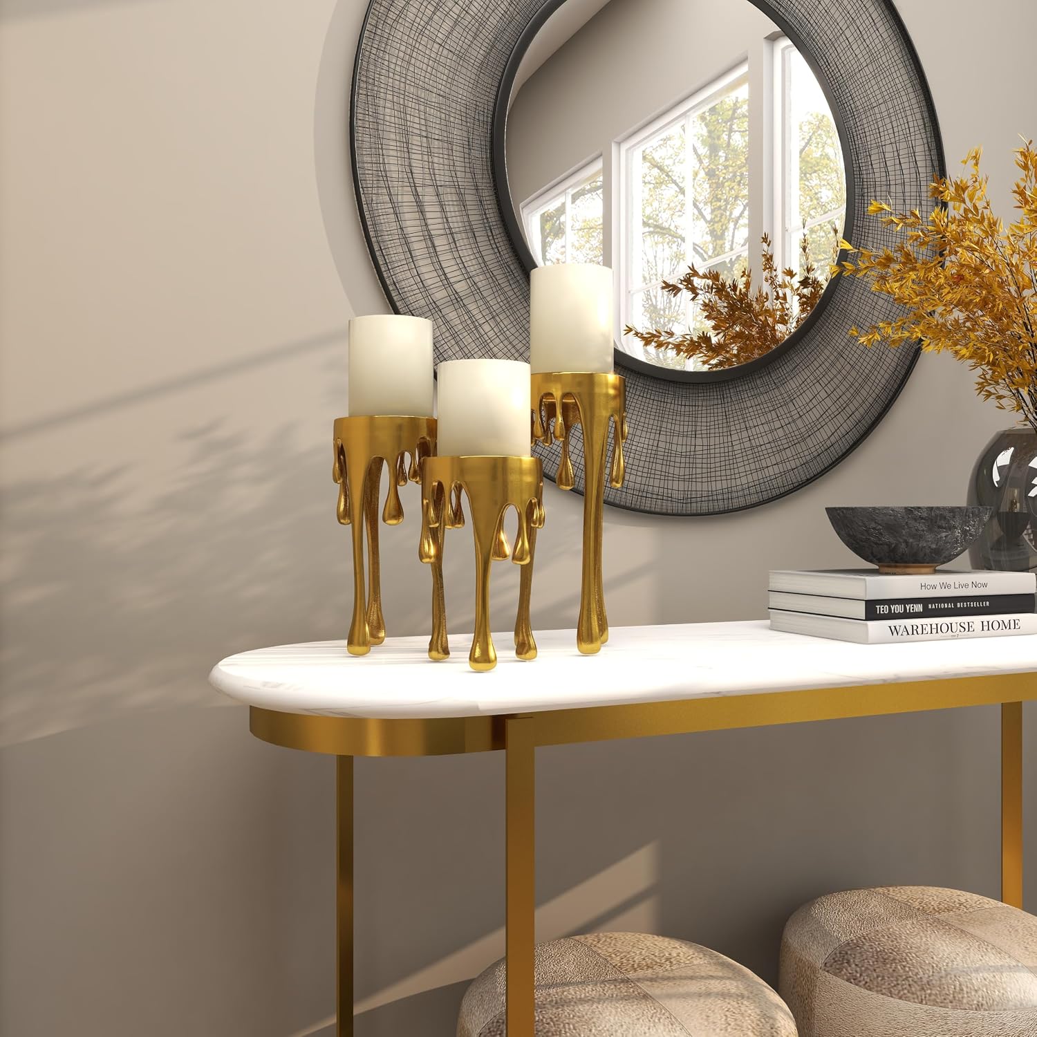 CosmoLiving by Cosmopolitan Aluminum Metal Abstract Decorative Candle Holder Melting Drip Candle Stand, Set of 3 Candlestick Holder 12", 10", 8"H, Gold