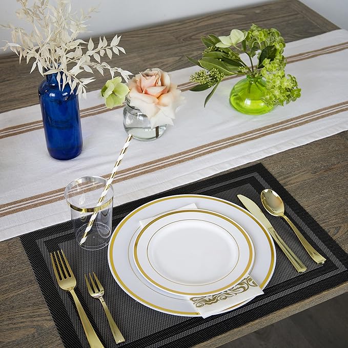 Neatiffy 225 Pcs Gold Rim Plastic Dinnerware Set (25 Guest) | 25 x (Dinner Plate, Dessert Plate, Gold Plastic Silverware, Cup, Napkin, Straw) | For Wedding, Luxurious Party, Special Event