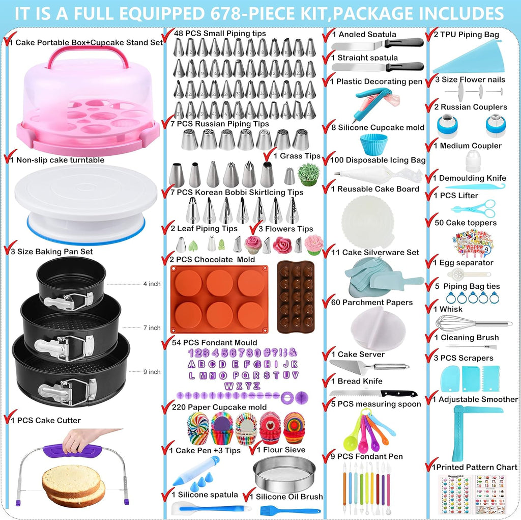 Gawren-H&E 678pcs Cake Decorating Kit,Baking Supplies with Decorating Tools,Cake Carrier,Cake Turntable,Piping Bags and 74 Tips,Springform Pans,Cake Decoratng Supplies Kit for Beginners/Professional