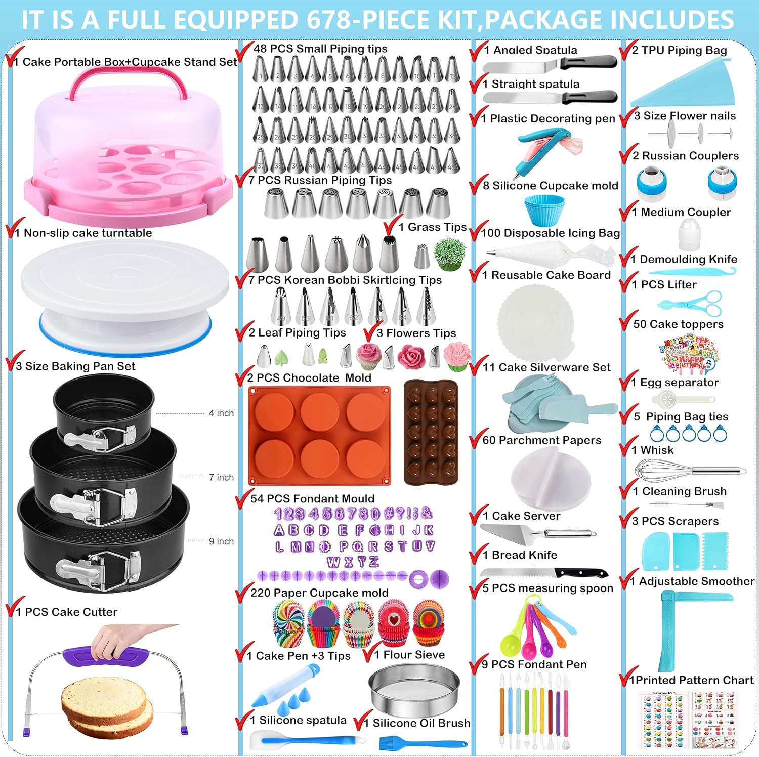 Gawren-H&E 678pcs Cake Decorating Kit,Baking Supplies with Decorating Tools,Cake Carrier,Cake Turntable,Piping Bags and 74 Tips,Springform Pans,Cake Decoratng Supplies Kit for Beginners/Professional