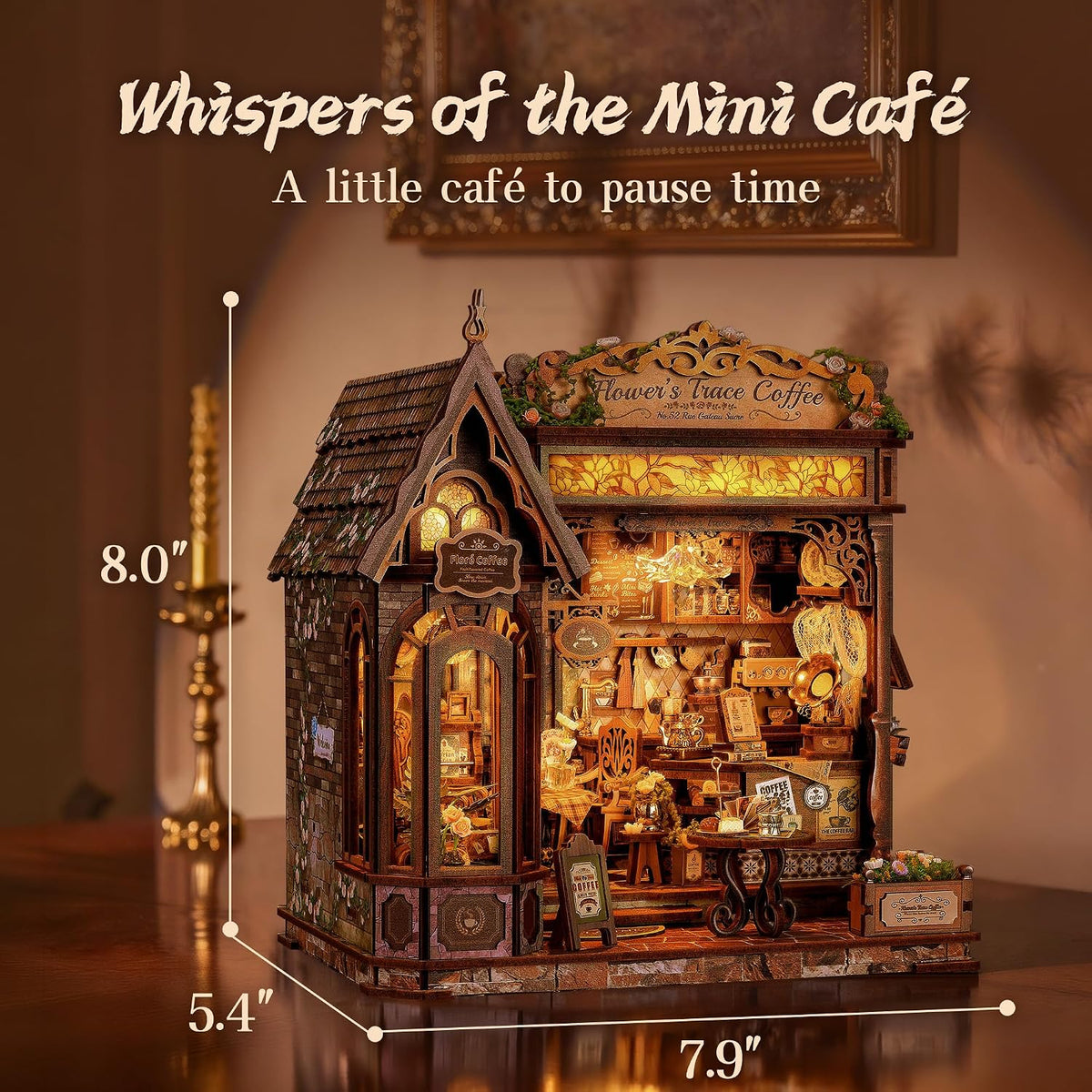 funpola floral mark café diy miniature dollhouse, 3d showing dimensions