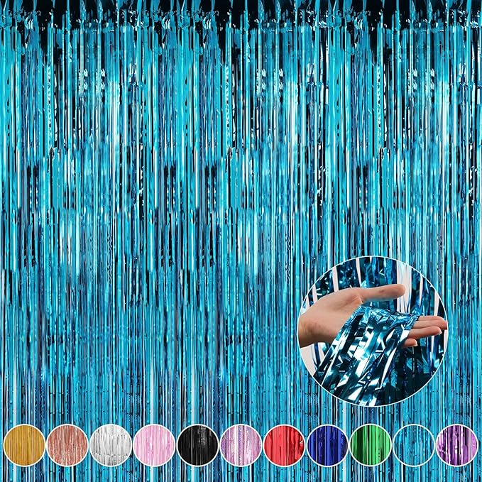 Crosize 4 Pack 3.3 x 9.9 ft Foil Fringe Curtains Party Decorations, Blue Tinsel Curtain Backdrop for Parties, Door Streamers, Glitter Streamer Fringe Backdrop for Birthday Decoration (Blue)