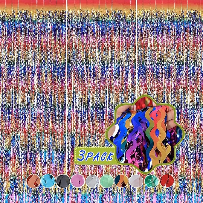 3 Pack Colorful Foil Fringe Curtain Backdrop - 6.6 x 3.3 ft Wavy Rainbow Tinsel Backdrop Curtain Metallic Streamers Iridescent Holiday Photo Booth Party Decorations