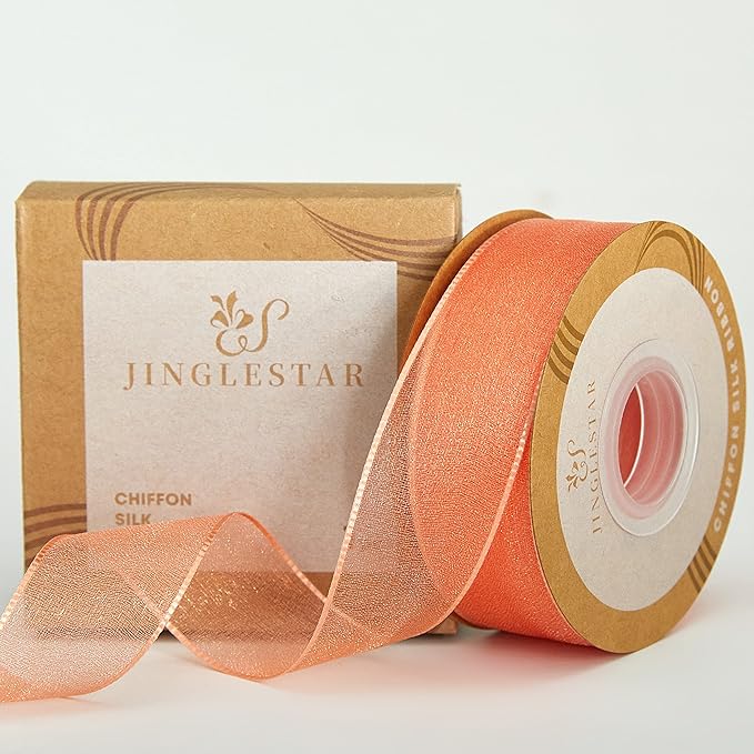 1 Inch Wide Sheer Chiffon Ribbon - Pearl Silk Woven Ribbon Suitable for Gift Wrapping, Wedding Decor, Home Decor, Girl Hair Accessories Handmade DIY (25 Yards/roll) (Tangerine)