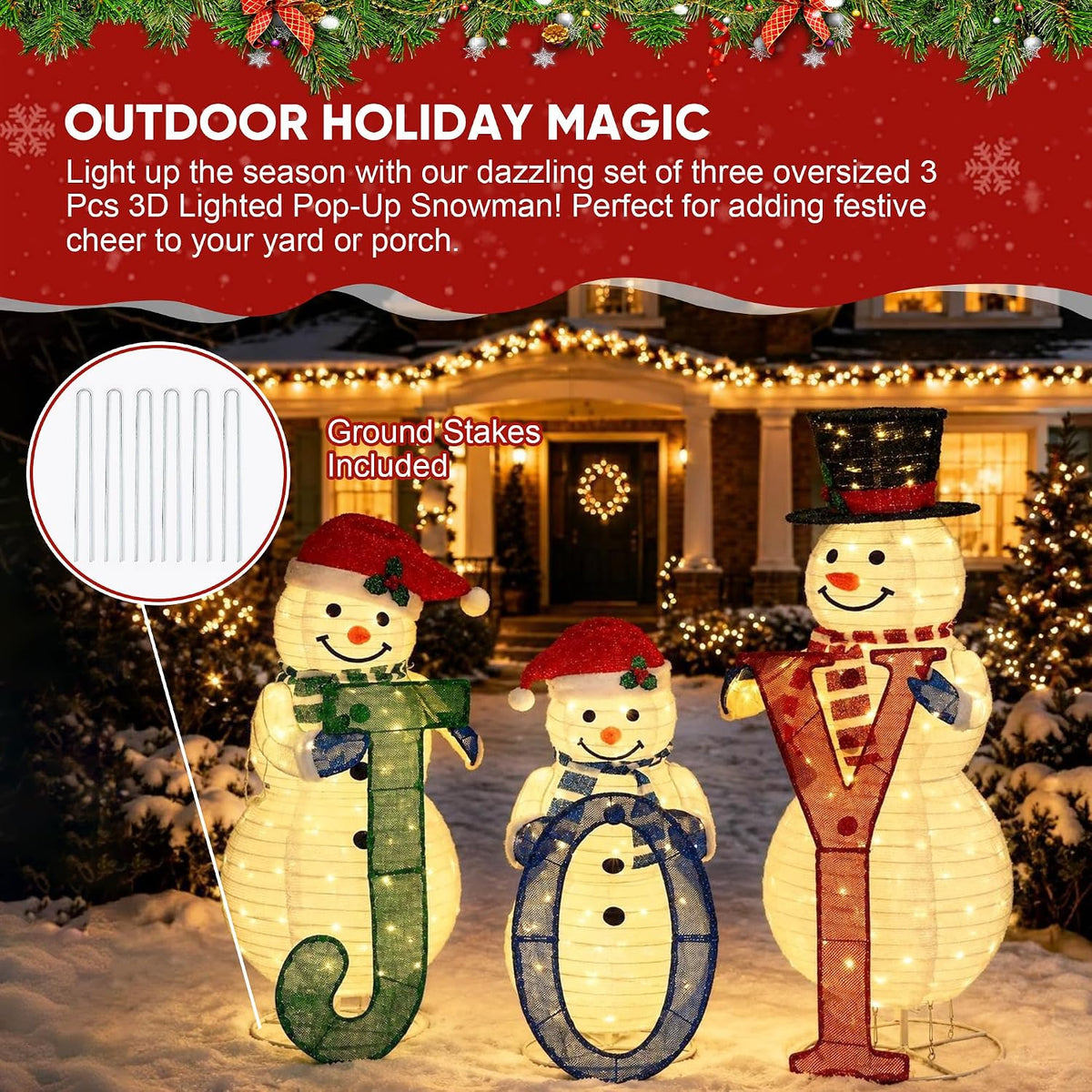 foowin lighted 3 pcs 3d outdoor snowman family showing dimensions