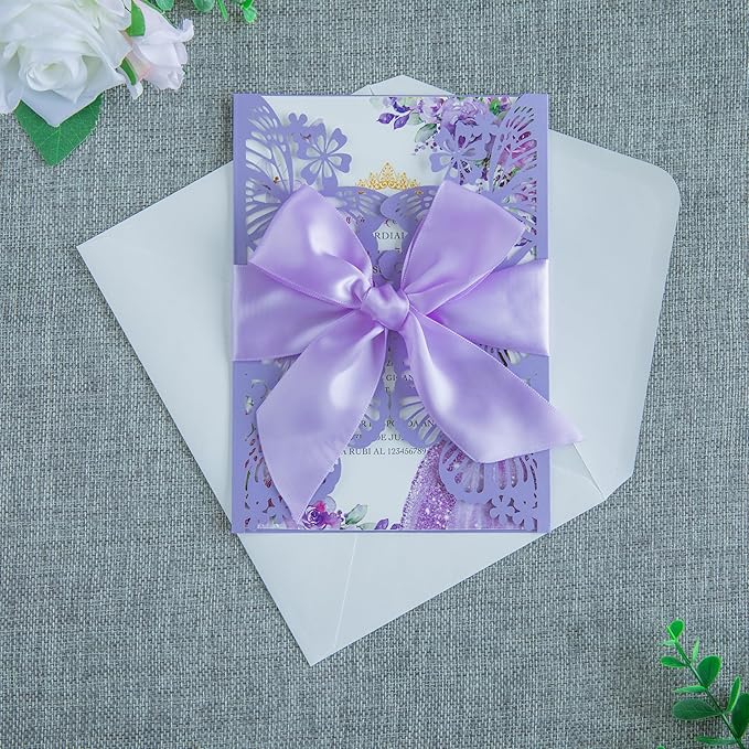 20 PCS 5.12x7.2 Butterfly Quinceanera Invitation Cards, Laser Cut Wedding 5x7 Invitation Cards with Envelopes for XV Anos Bridal Shower Baby Shower Invite (Violet)