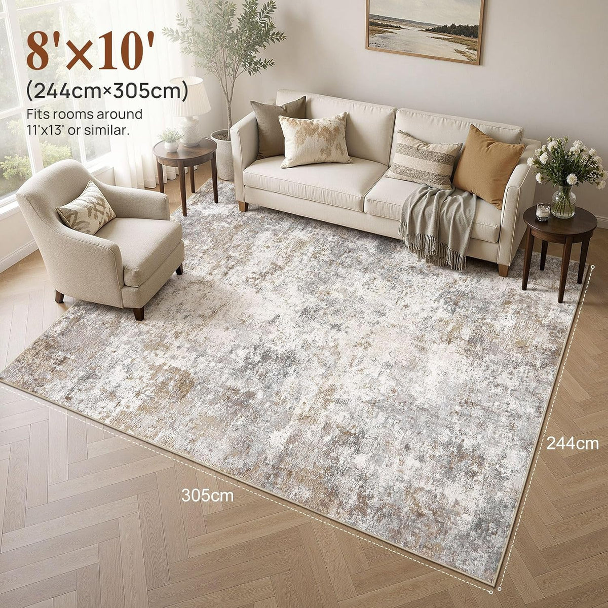 UERMEI 8x10 Area Rug Living Room Rugs Washable Neutral Brown Grey Carpet
