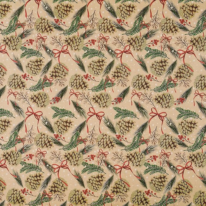 RUSPEPA Kraft Christmas Wrapping Paper Roll, Mini Roll, Pinecone and Greenery Design with Red Bow and Snowflake, Kraft Gift Wrap Paper for Christmas, Holiday, Winter Party, 17 Inches x 16.4 Feet