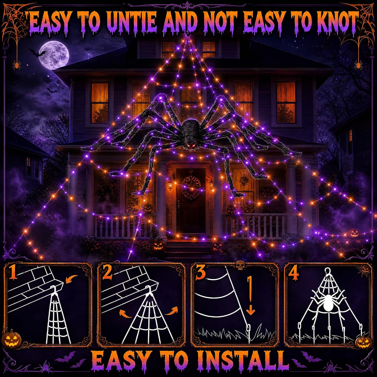 halloween decorations outdoor spider web lights - 550, front angle view