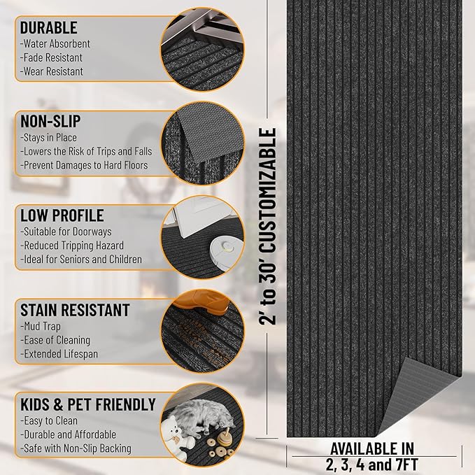 Ottomanson 2'7" x 40' Hallway Runner with Scraper Pile - Extra Durable Non-Slip Rug Mat for Indoor & Outdoor Use - Ideal for Kitchen, Entryway & Garage - High-Traffic Carpet, Black