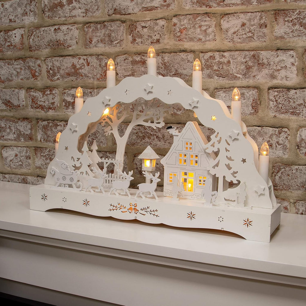 The Christmas Workshop 88200 Wooden Illuminated Candle Bridge | 7 Warm White Candles | Indoor Christmas Decoration | Battery Operated | 43cm x 28cm x 8cm