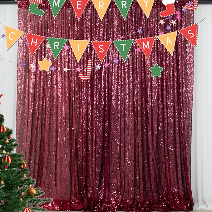 ShiDianYi 8FTx10FT Burgundy Sequin Glitter Backdrop Curtain - Sparkling Photo Booth Background for Weddings, Christmas Parties, Bridal Showers