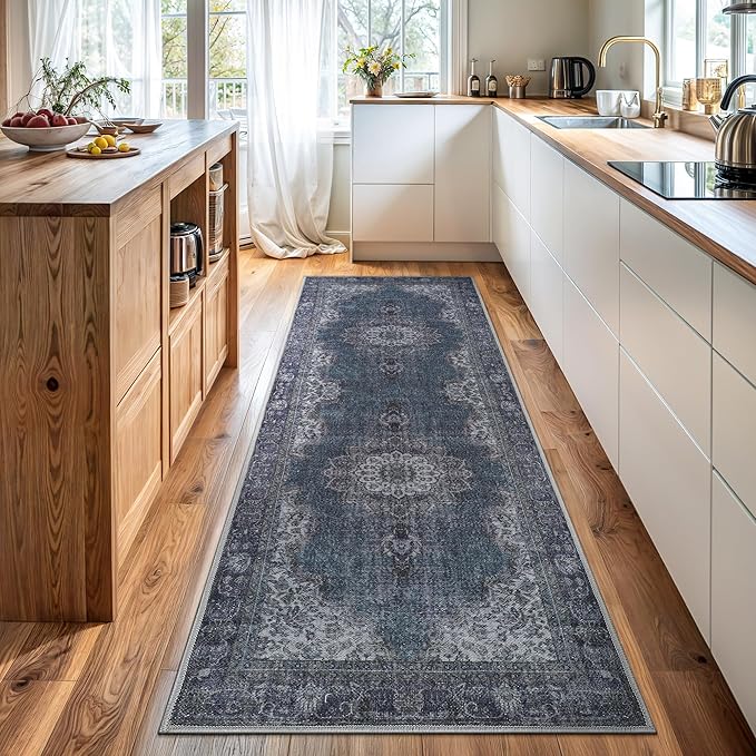 Bloom Rugs Washable Non-Slip 12 ft Runner - Dark Teal Traditional Medallion Runner for Entryway, Hallway, Bathroom, and Kitchen - Exact Size: 2.5' x 12'