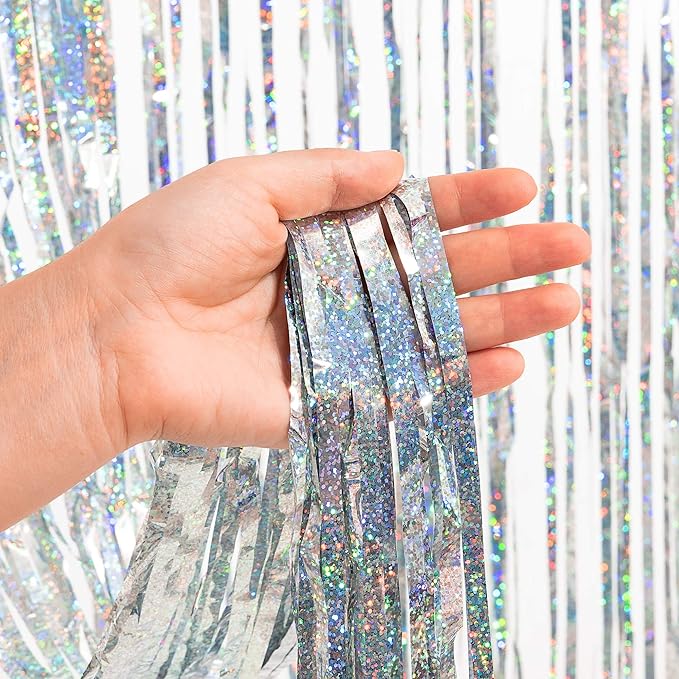 Silver Foil Fringe Tinsel Backdrop - GREATRIL Metallic Tinsel Streamers Curtains for 2026 NYE/Prom/Dancing Ball/Christmas/Bachelorette Party Decorations - Pack of 2