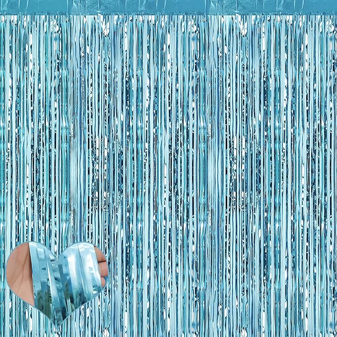 4 Pack Fringe Curtain Backdrop, 3.2Ft x 6.6Ft Light Blue Metallic Tinsel Foil Fringe Streamers Background for Photo Booth Birthday Wedding Baby Shower Easter Pool Ocean Underwater Party Decorations