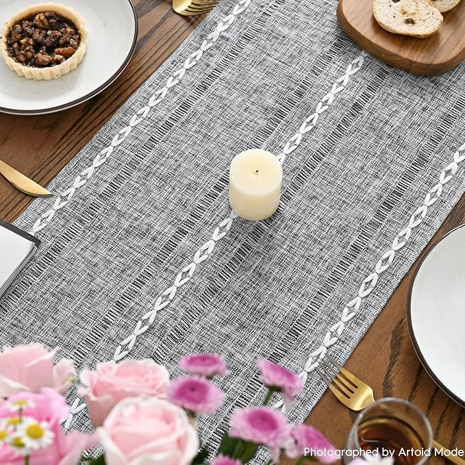 Artoid Mode Dark Grey Rustic Cotton Linen Table Runner, Seasonal Embroidered Hollow Kitchen Dining Table Decoration for Home Party Decor 13x90 Inch