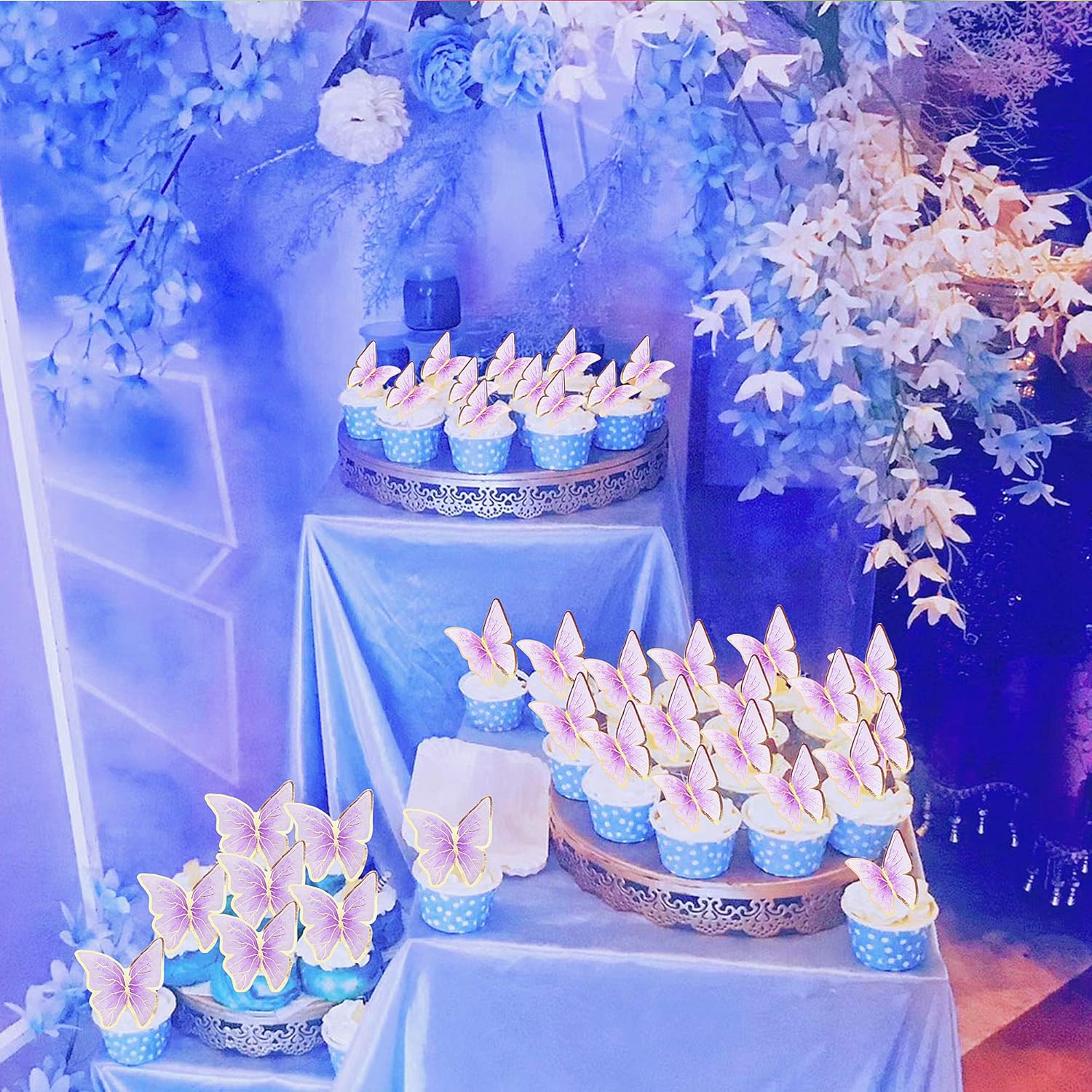 30Pcs 2D Waterproof Purple Butterfly Cake Topper Transparent Golden Butterflies Cupcake Toppers for Butterfly Birthday Wedding Floral Cake Decorartions Butterflies Wall Decorations Party Supplies