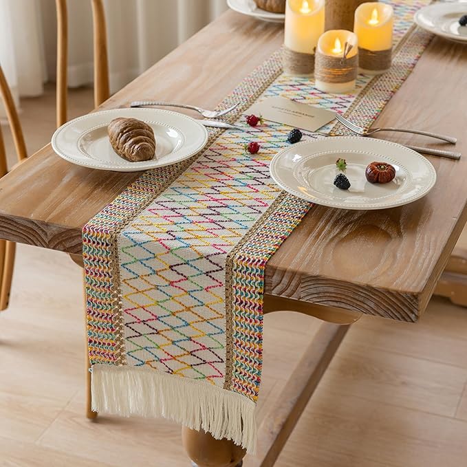Boho Table Runner Colorful for Home Decor 12x48 Inches Farmhouse Macrame Burlap Jute Rustic Dining Kitchen Centerpiece Bohemian Decor French Country Baby Bridal Shower Decorations