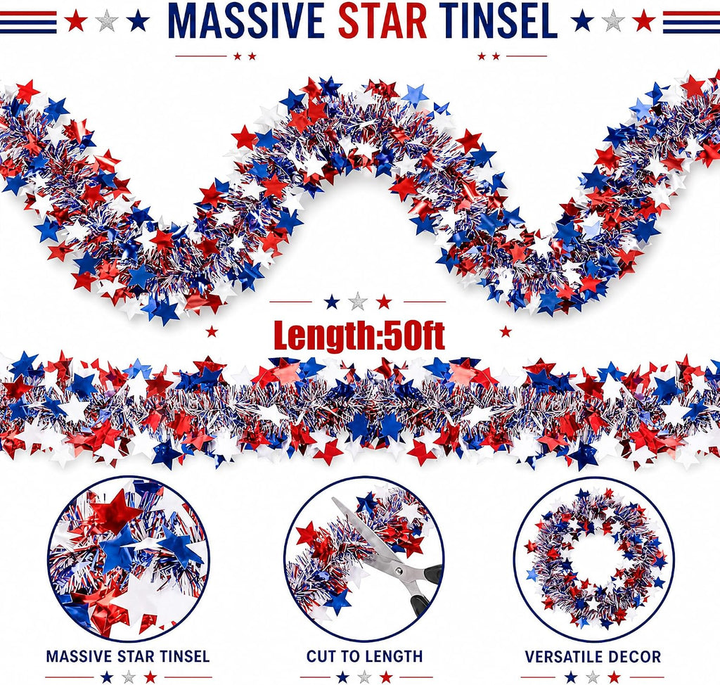 50ft Patriotic Star Tinsel Garland, Tinsel Banner for USA 250th Anniversary July 4th Decorations