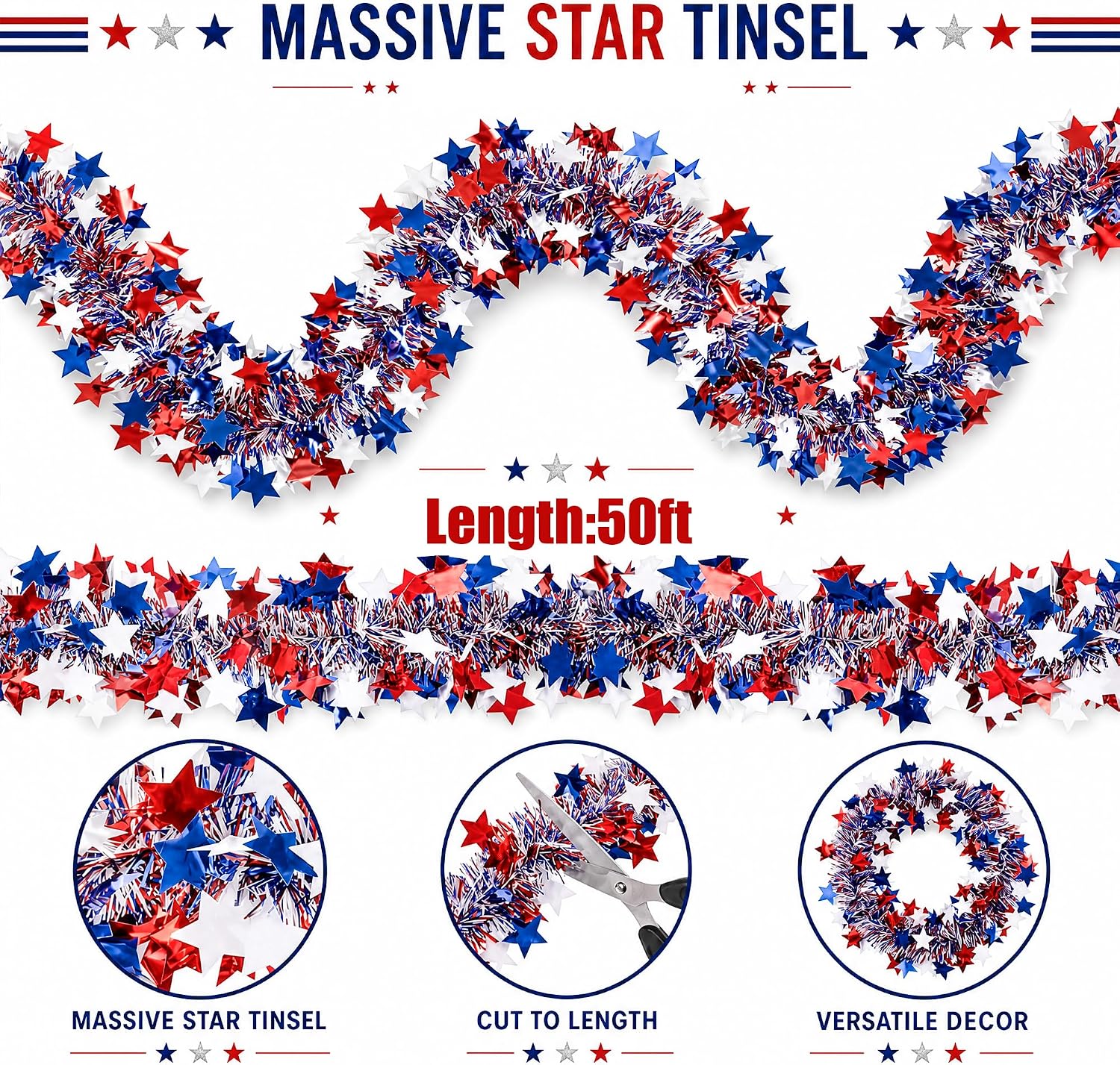 50ft Patriotic Star Tinsel Garland, Tinsel Banner for USA 250th Anniversary July 4th Decorations