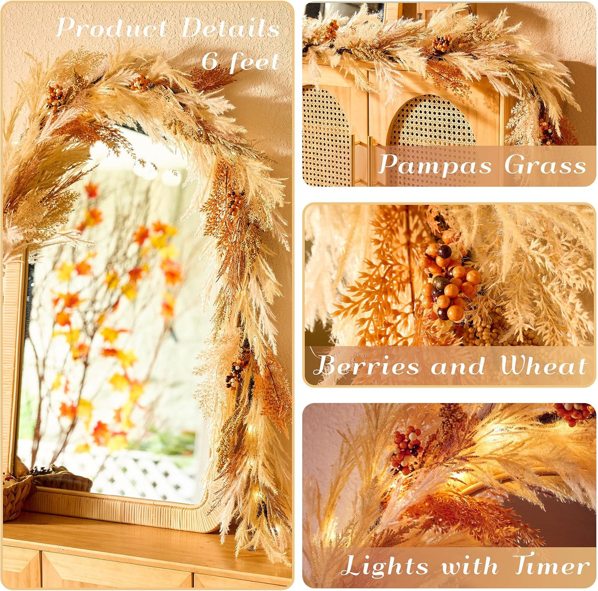 decorbyhannah 6ft neutral fall pampas grass garland for showing dimensions