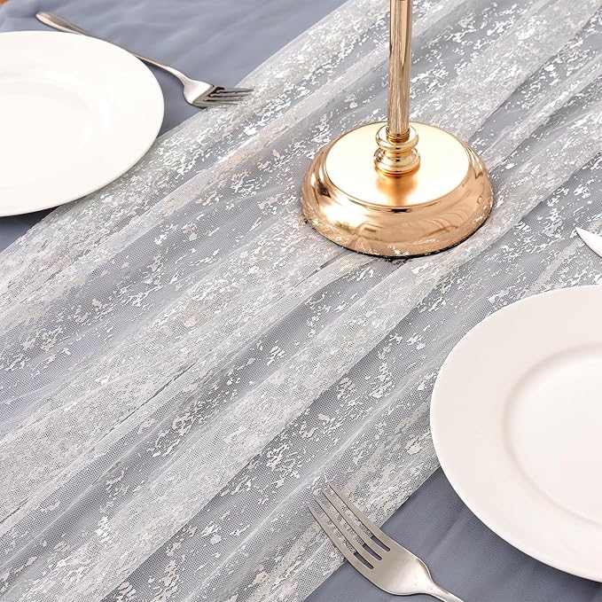 LOMOHOO 10 Ft Silver Table Runner, Silver Sheer Sequin Table Runners 120 Inches Long Glitter Metallic Foil Lace Fabric Table Decor for Birthday Party Wedding Anniversary Centerpiece (2pcs)