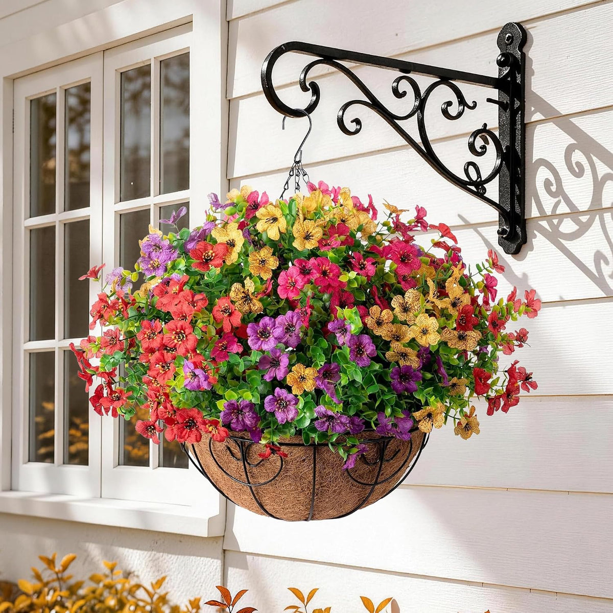 hyeflora artificial faux hanging plants flowers basket for, side view