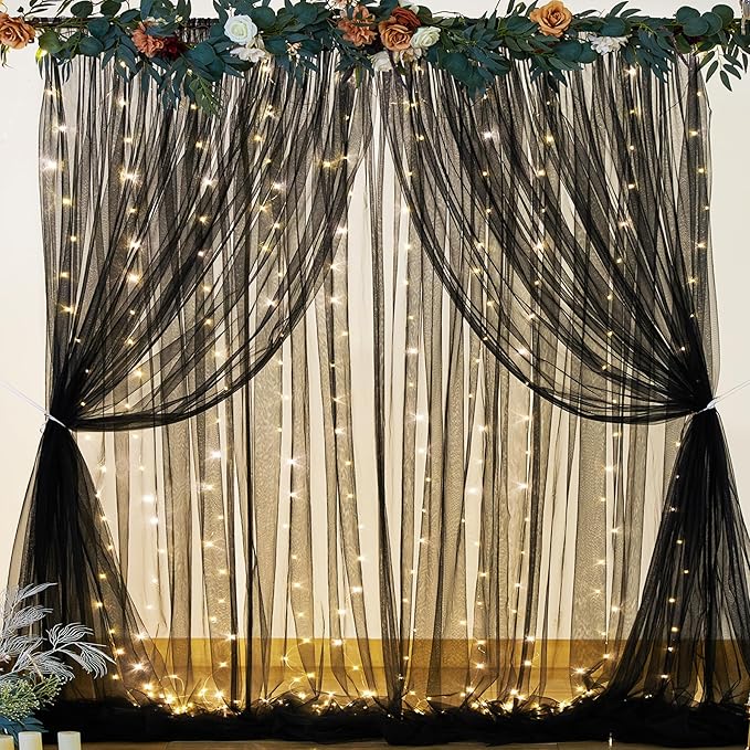 Black Sheer Backdrop Curtains with Lights String for Parties Birthday 10ft × 8ft Black Tulle Backdrop Curtain for Baby Shower Wedding Graduation Halloween Party Photo Shoot Decorations