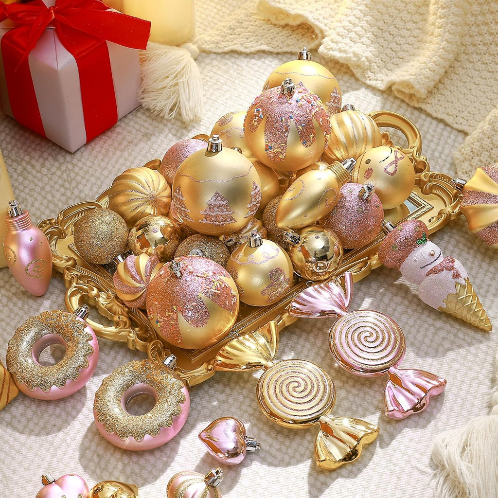 SHareconn 86pcs Christmas Tree Balls Ornaments, Shatterproof Plastic Decorative Baubles for Christmas Tree Decorations, Holiday Wedding Party Decoration, Festive Ornaments,Pink Gold