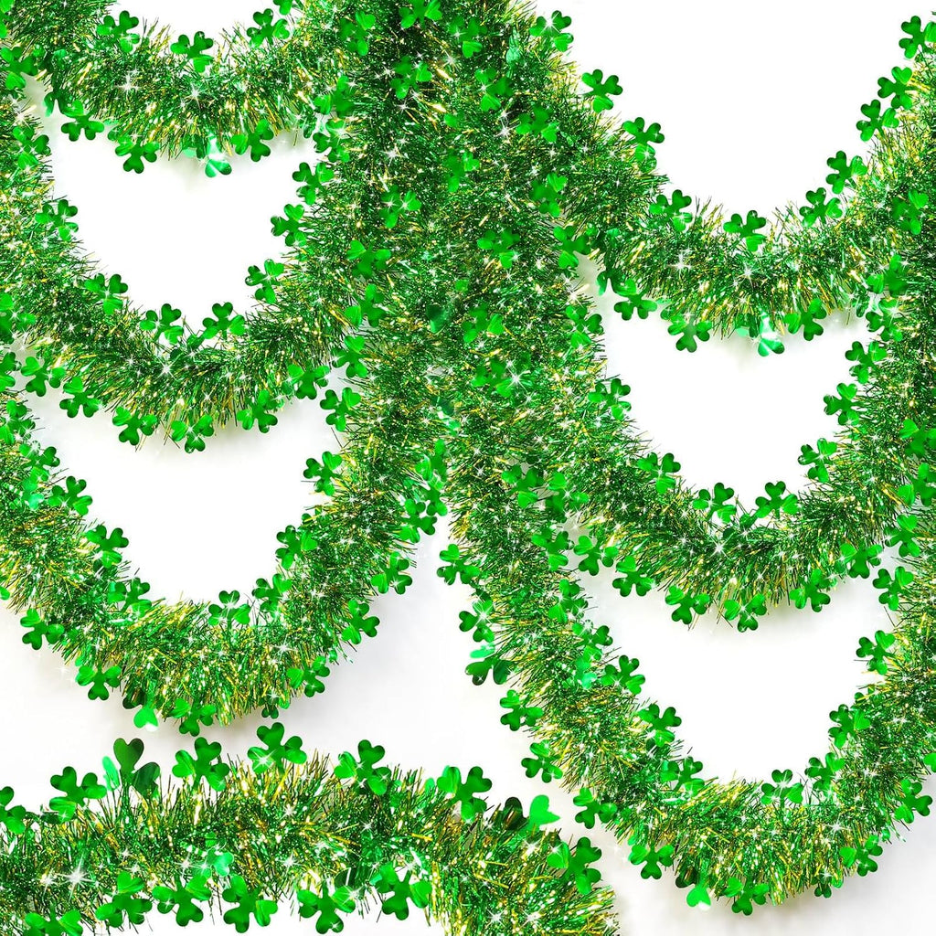 TURNMEON 33 Ft St. Patrick's Day Tinsel Garland Decorations Green Gold Shamrock Garland Clover Metallic Streamer Hanging St Patricks Day Decorations for Home Indoor Outdoor Irish Party Supplies