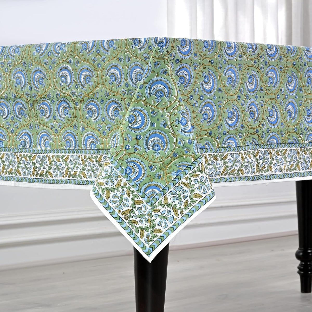 Ridhi Verdant Mist Hand Block Print Rectangle Tablecloth 90x60 Inch