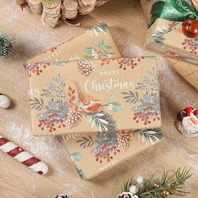 RUSPEPA Kraft Christmas Wrapping Paper Roll, Mini Roll, Vintage Bird on Pine Branch Design with Merry Christmas, Natural Scene Gift Wrap for Women, Friends, Family, Xmas Gifts, 17 Inches x 16.4 Feet