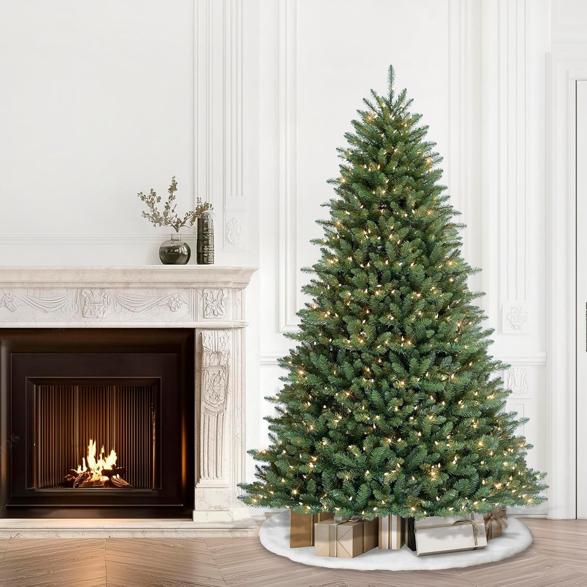 puleo international 6.5ft pre-lit full fraser fir artificial shown in use