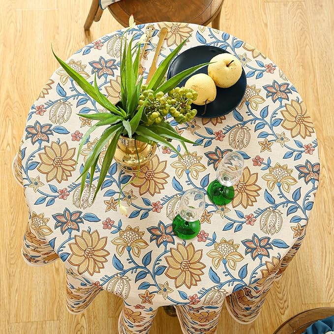 ISAENNE Designer Bohemian Floral Round Tablecloth,Linen Colorful Table Cloth,Wrinkle Resistant Decor Tablecloths for Dining Thanksgiving Kitchen Party Christmas,Diameter 67"-Estevan B