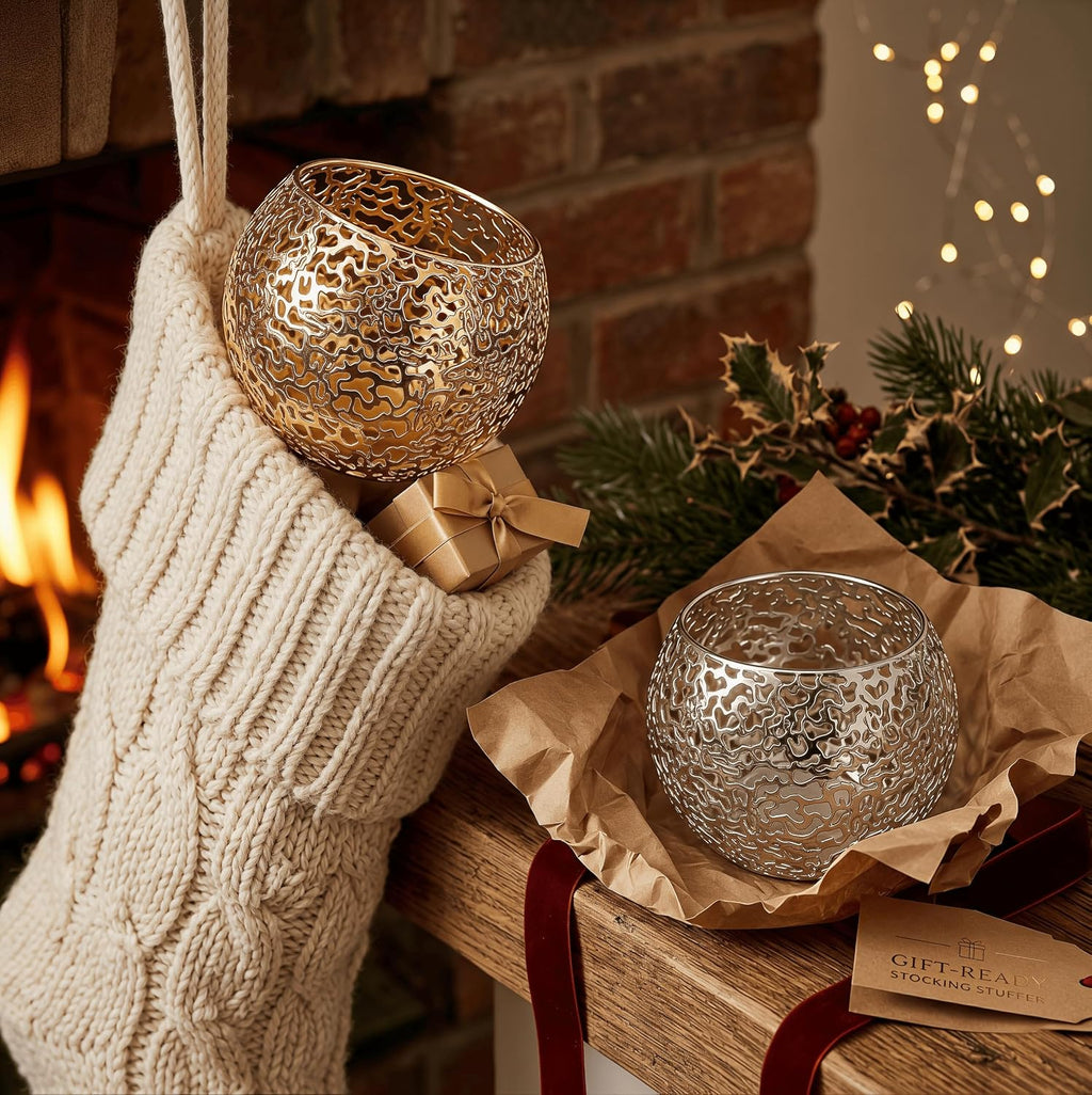 Metal Cut-Out Tealight Candle Holders Set of 2 – Geometric Lanterns for Table Centerpiece & Bathroom Spa – Shatterproof Holiday Decor, Winter Wedding (Gold/Silver)