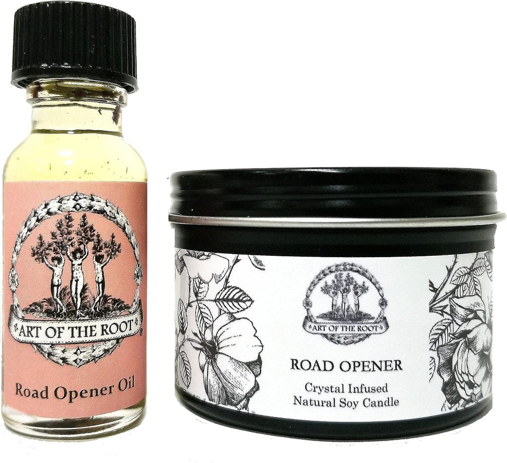 Road Opener Mini Spell Set | 4 oz Soy Candle with a Black Obsidian Crystal & a 1/2 oz Oil | New Beginnings, Success & Clearing Obstacles Rituals | Wiccan, Pagan, Hoodoo, Conjure, Magick