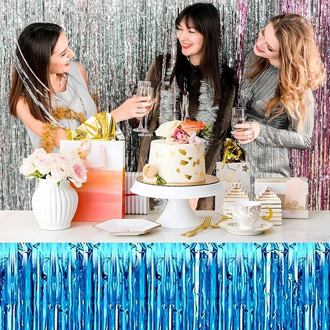 3 Pack Lake Blue Foil Fringe Table Skirts Metallic Tinsel Streamers Garland Banner Backdrop for Table Decor, Parade Float, Birthday, Wedding, Halloween, Christmas Party Decorations(29x108 In)