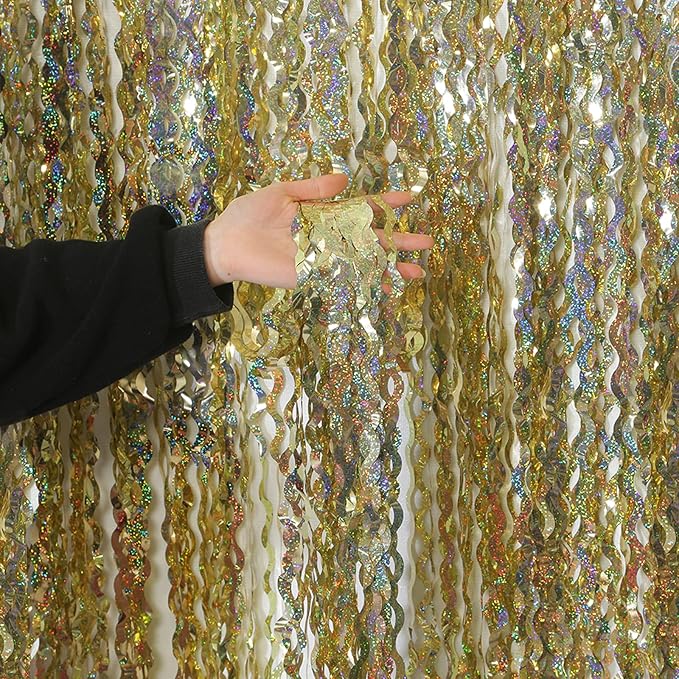4 Pack Wavy Sparkle Champagne Gold Metallic Tinsel Foil Fringe Curtains Photo Booth Backdrop | Gold Streamer Backdrop for Holiday Celebration Bachelorette Party Decorations