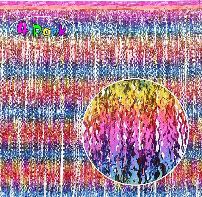 4 Pack Wavy Rainbow Foil Fringe Curtain | 3.3x6.6ft Colorful Tinsel Metallic Streamers Holiday Photo Booth Props Backdrop for Engagement Bridal Shower Unicorn Party Decorations