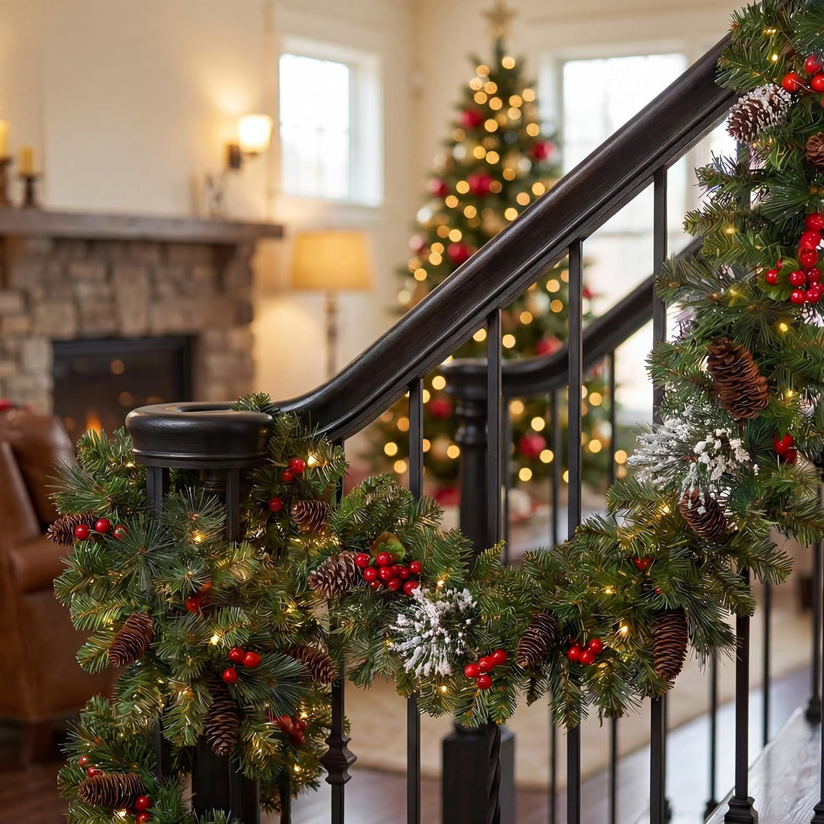 national tree company 9ft pre-lit wintry pine flocked shown in use
