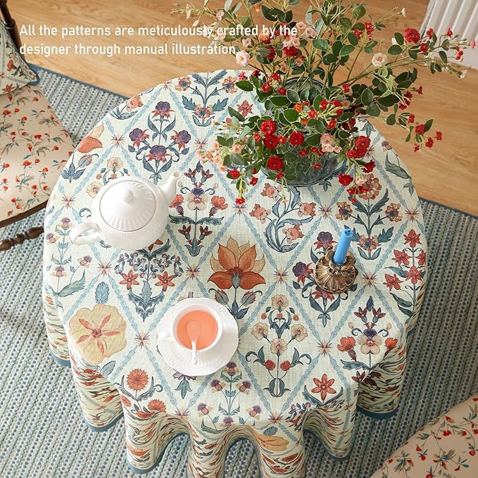 ISAENNE Designer Linen Elegant Small Round Tablecloth,Colorful Floral Bohemian Table Cloth,Wrinkle Resistant Decor Tablecloths for Dining Thanksgiving Kitchen Christmas,Diameter 55"-Floralsea A
