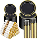 BESTVIP 350PCS Black Gold Dinnerware Set for 50 Guests, Plastic Plates for Halloween Party and Christmas, 50 Disposable Plates, 50 Dessert Plates, 50 Cups, 50 Spoons, 50 Forks and 100 Knives