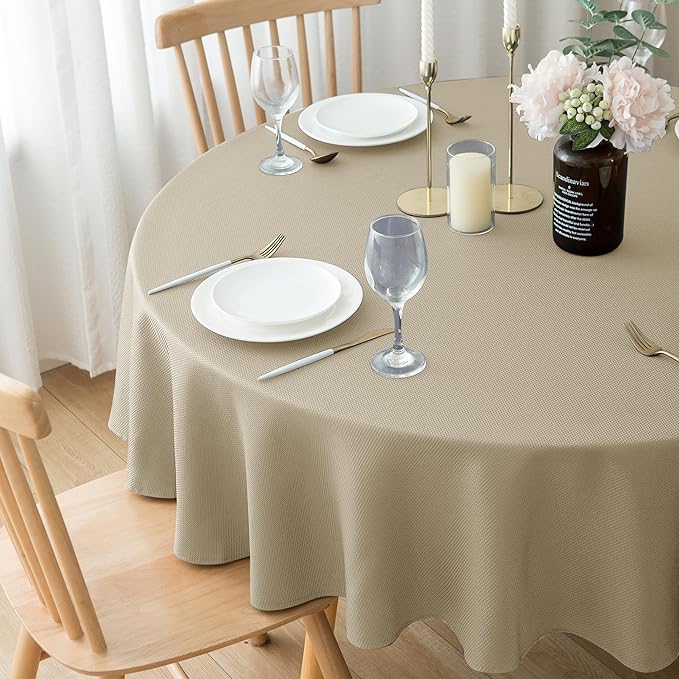Biscaynebay 2 Pack Textured Fabric Round Tablecloths 60'' for Tables diameters from 28" to 48", Natural Table Cloth Water Resistant Small Folding Table Covers for Dining Kitchen Wedding Parties