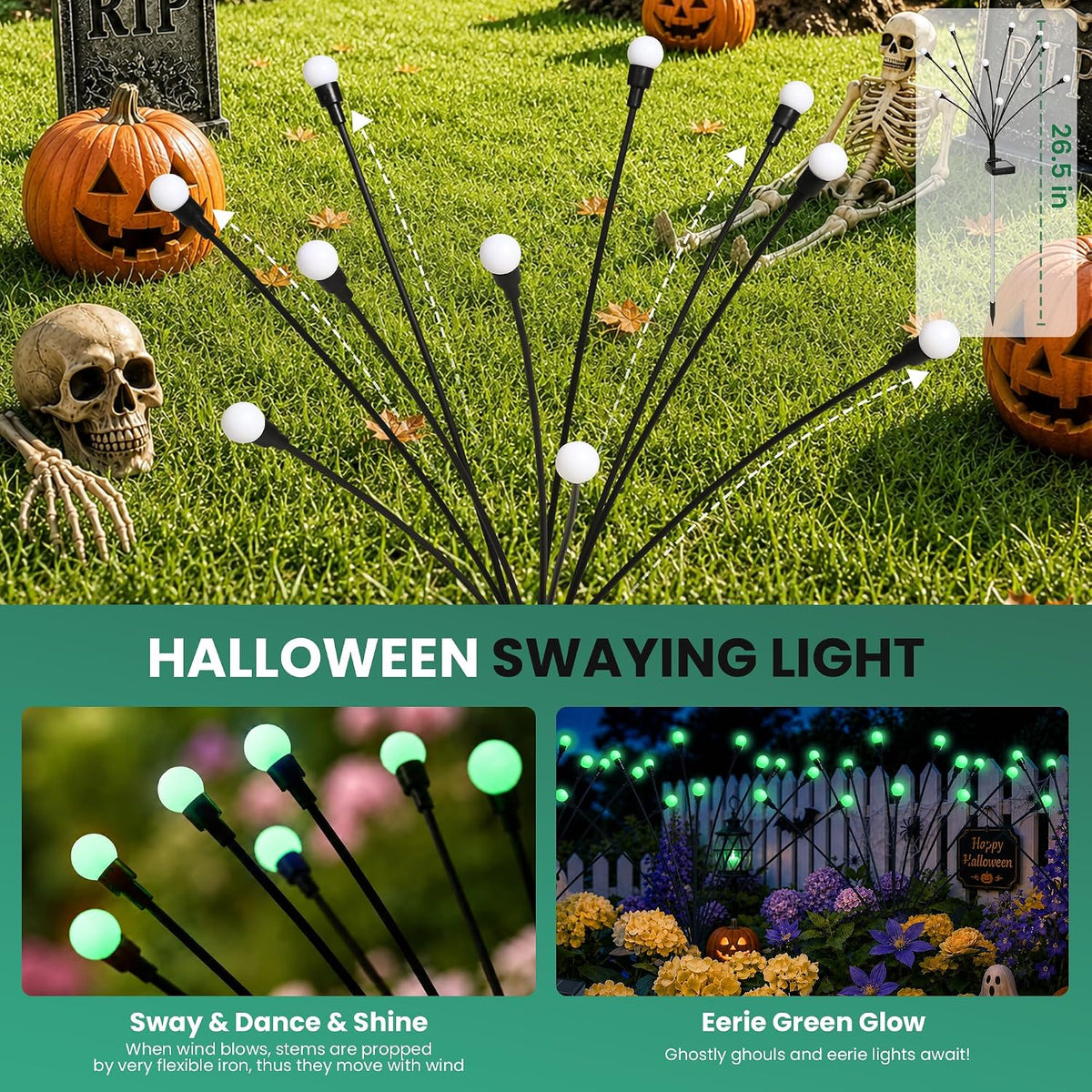 Solar Halloween Lights(6Pack 60LED), Green Outdoor Halloween Decor