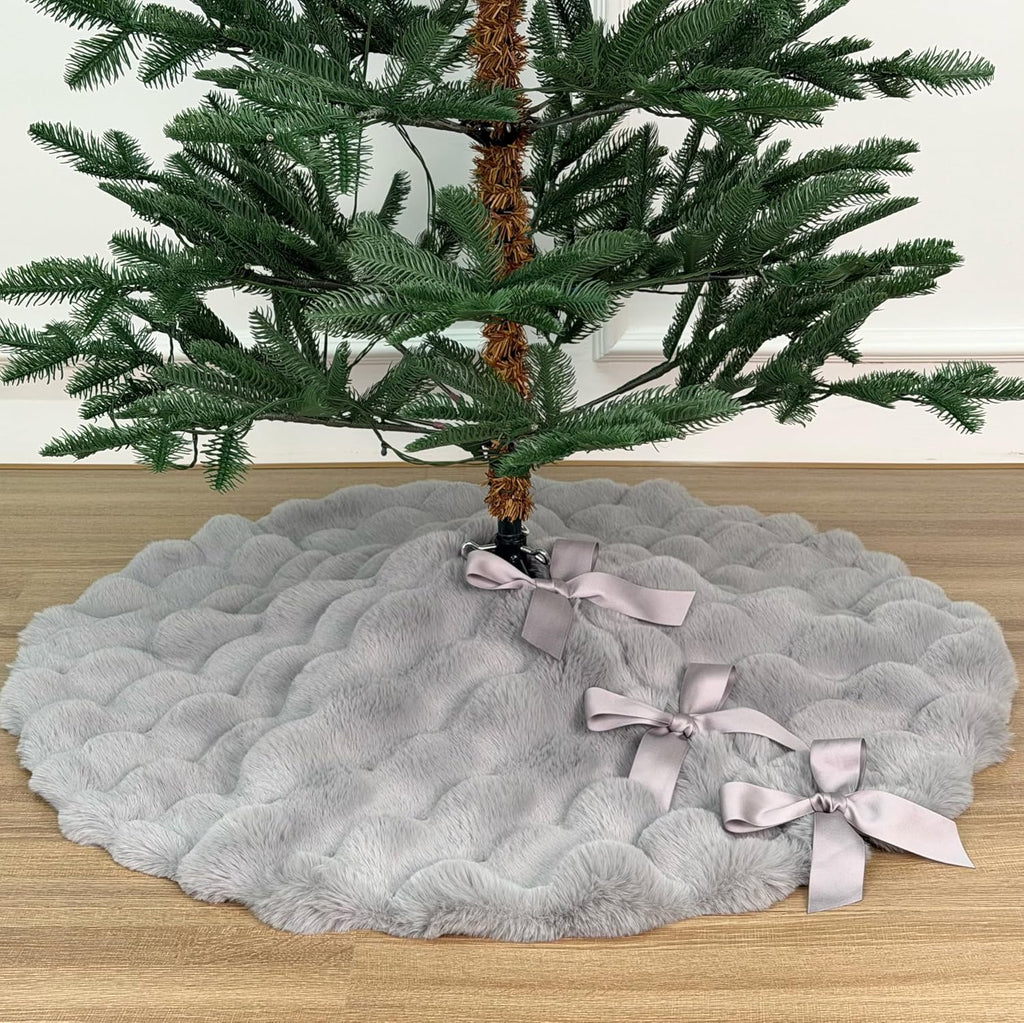 36-Inch Puff Quilt Faux Fur Christmas Tree Skirt, Soft Plush Tufted Texture with Satin Ribbon Ties, Cloud Gray