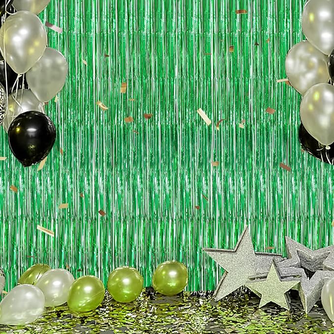 3 Pack Foil Fringe Backdrop - Green Shiny Tinsel Curtains for Party Decoration/Photo Booth Props - 3.3x8.2 FT Metallic Foil Backdrop for Birthday, Wedding, Graduation, Christmas.