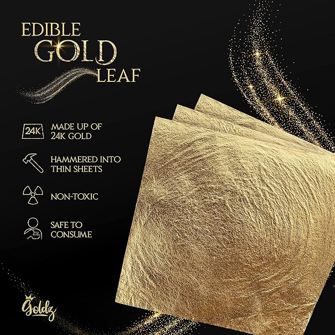 goldz: Edible 99.99% Gold Leaf, Genuine Gold Leaf, 24 Karat Edible gold Sheets. Genuine for Cooking, Art, Food, Steak, Desert, Facial.