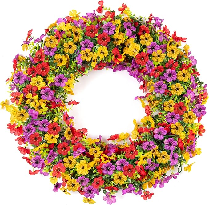 Artificial Flowers Garland Ivy, 4 Pack 5.9 FT Fall Decor UV Resistant Fake Mums Floral Vine Silk Daisy Hanging Flower for Home Garden Wedding Decor Photo Booth Backdrop(Red Purple Yellow)
